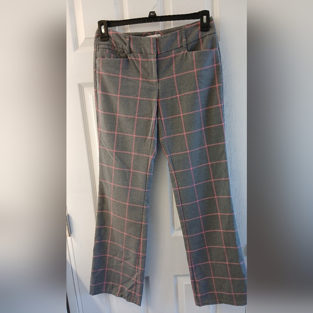 New York & Company Gray & Pink Plaid Stretch Slacks – Size 2 Average, Wide Leg